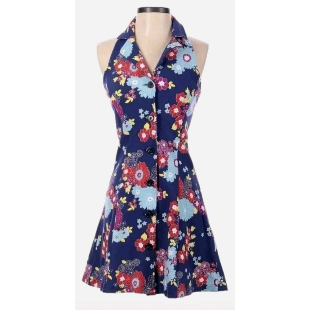 Modcloth Blue Floral Haltered Upstate For Weekend Dress Button Pin Up Retro Lrg